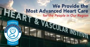 Graphic of the Heart institute at sunset with ACC accreditation logo.