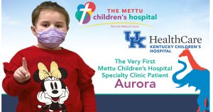 Advertisement with a picture of Aurora, first Mettu Children's Hospital Specialty Clinic Patient