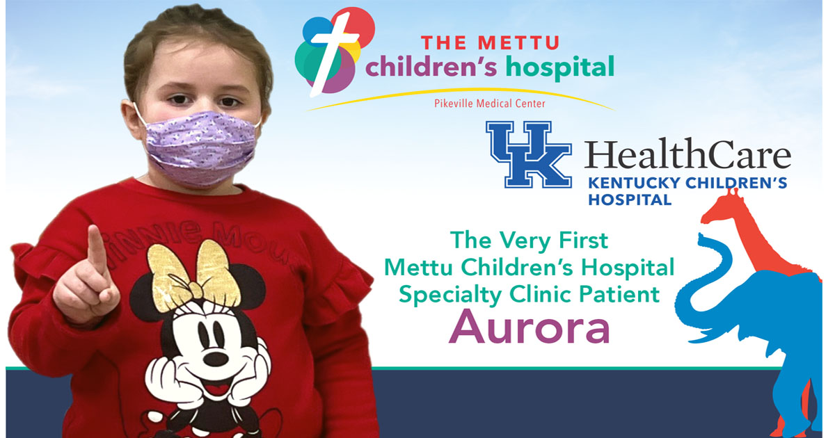 Advertisement with a picture of Aurora, first Mettu Children's Hospital Specialty Clinic Patient